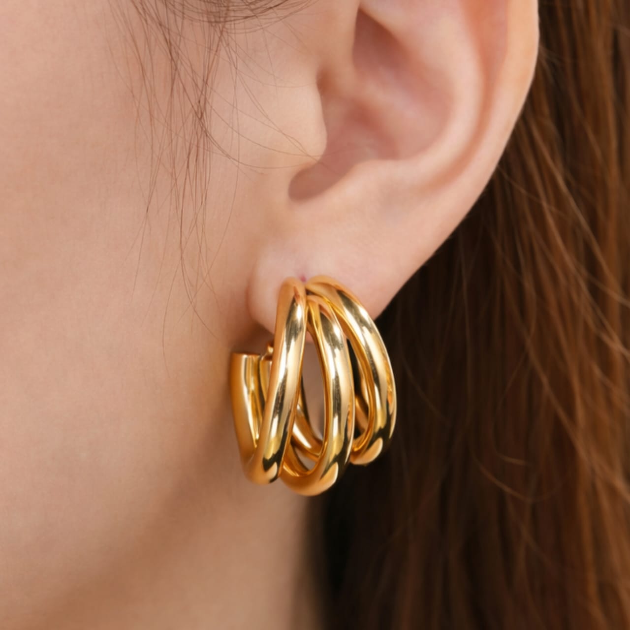 Elegant Gold Finish Triple Hoop Earrings For Women